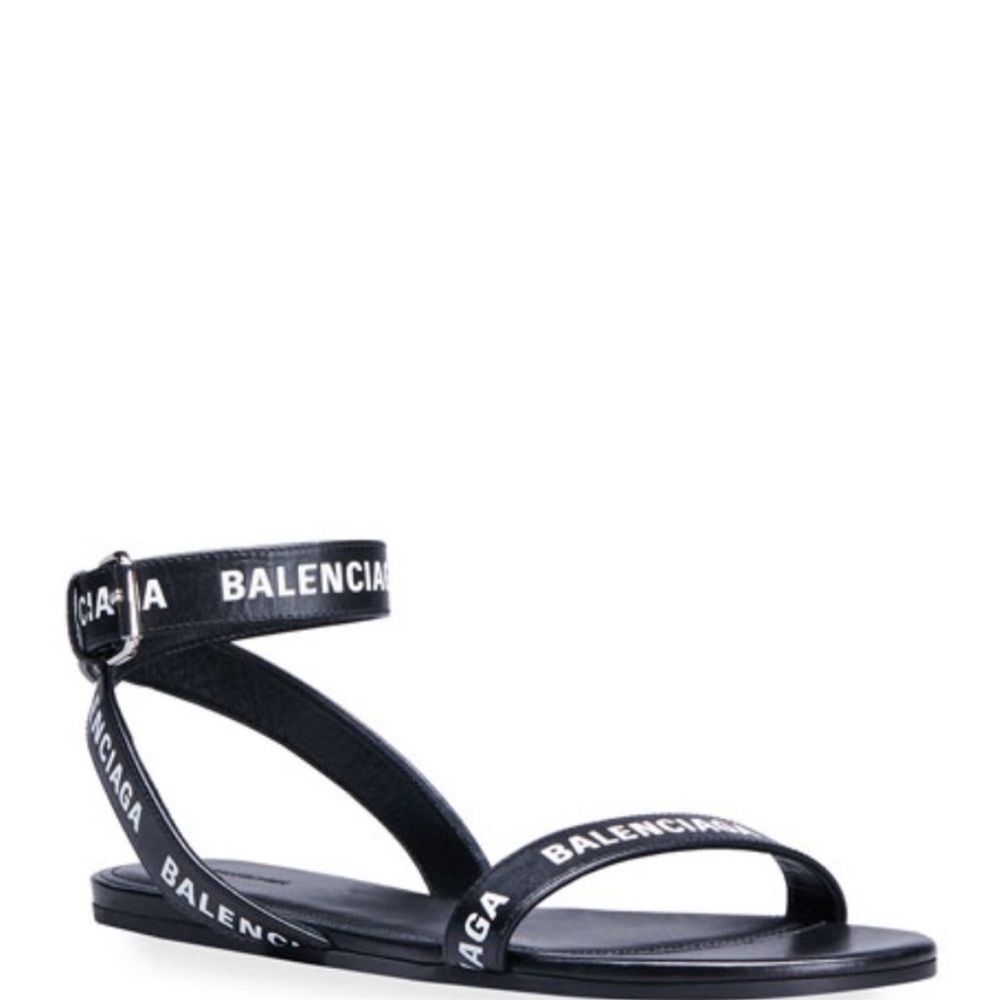 Balenciaga logo flat ankle strap sandal. Black / white. Size 37.5
